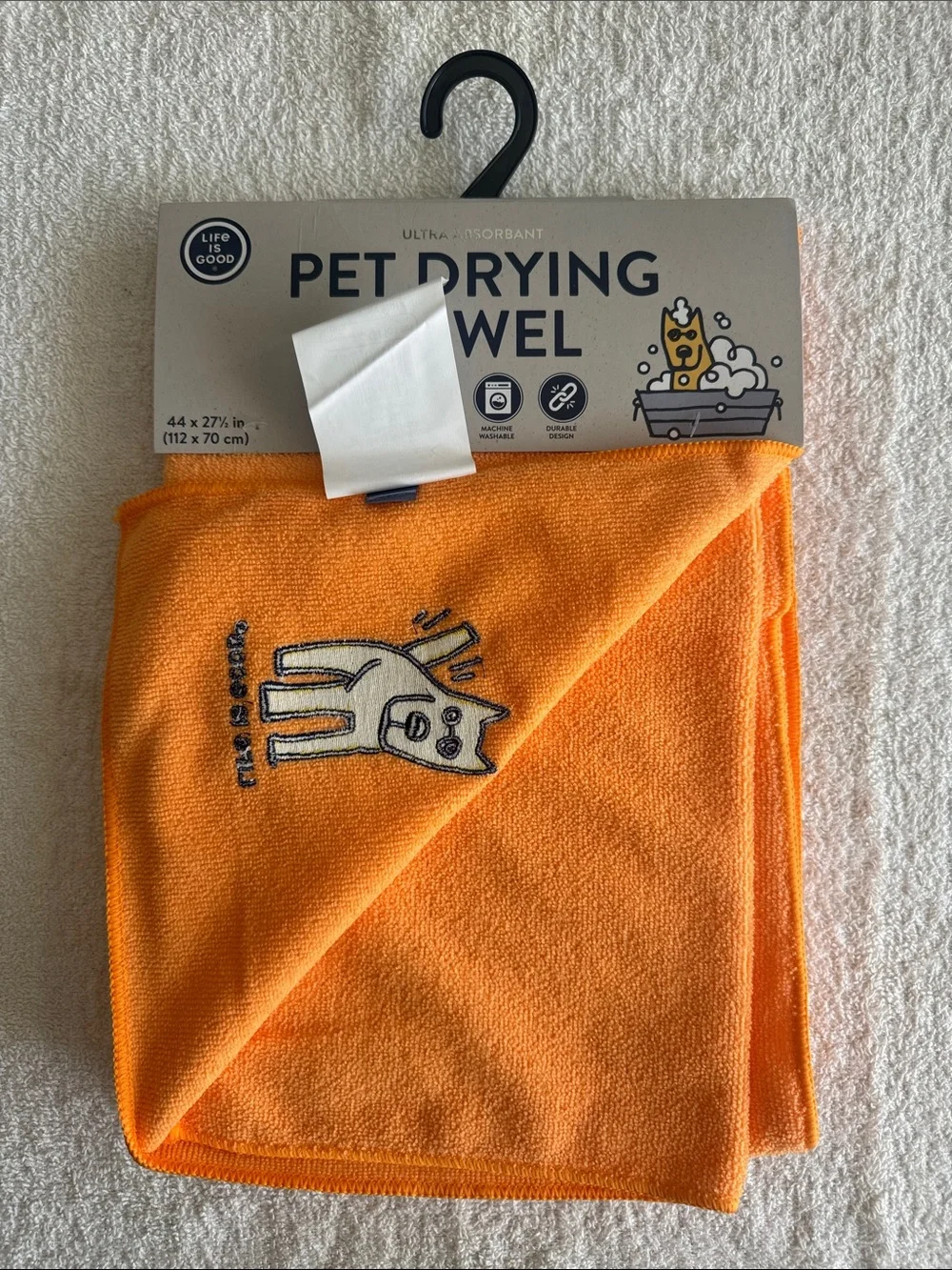 Life Is Good Orange Pet Drying Towel with Embroidered Dog